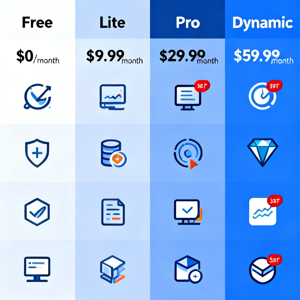A comparison table with four columns labeled Free, Lite, Pro, Dynamic, each with a different price tag and feature icons