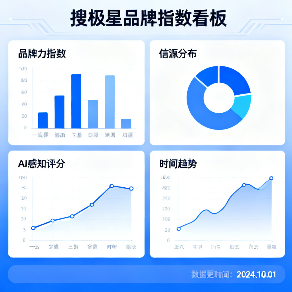 一张展示搜极星品牌指数看板的模拟图，包含品牌力指数、AI感知评分、信源分布、时间趋势等核心指标