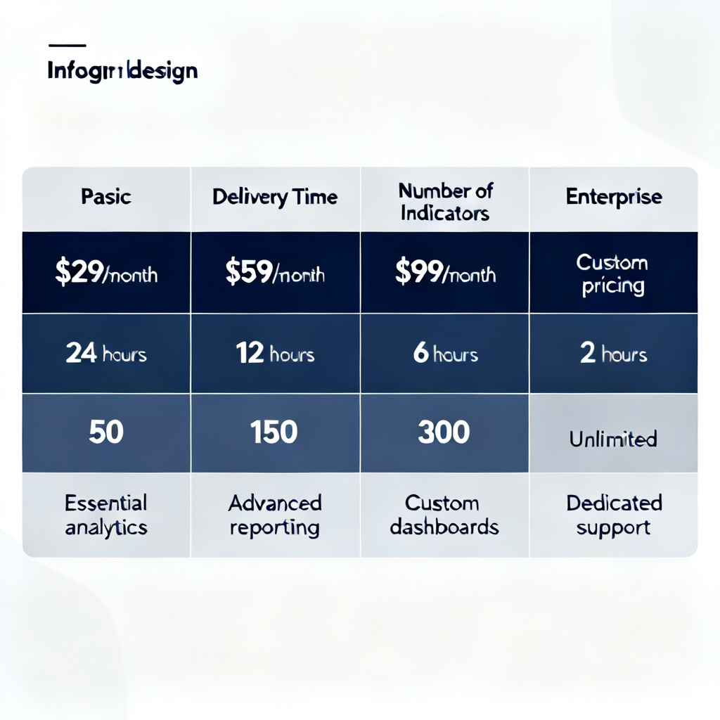 Comparison chart of four pricing tiers of a software tool, featuring a clear table with columns for price, delivery time, number of indicators, and core features, using a professional color scheme