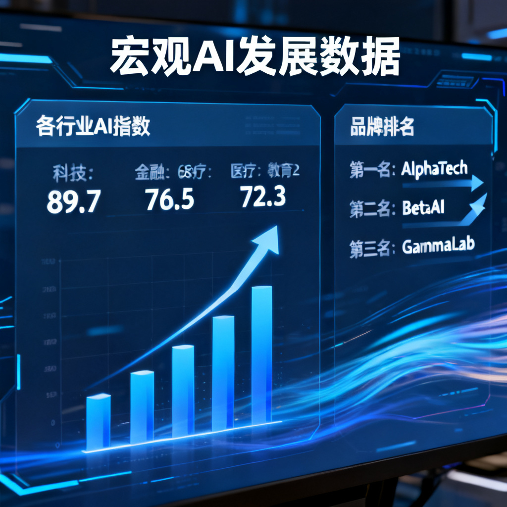 一个宏观数据大屏，显示各行业AI指数和品牌排名，风格科技感，信息密集