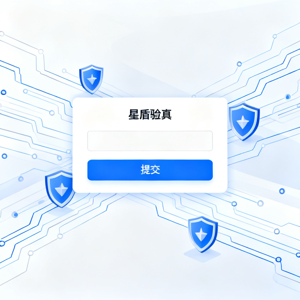 A modern web interface showing a text input box labeled '星盾验真' with a '提交' button, surrounded by abstract data flow lines and shield icons.