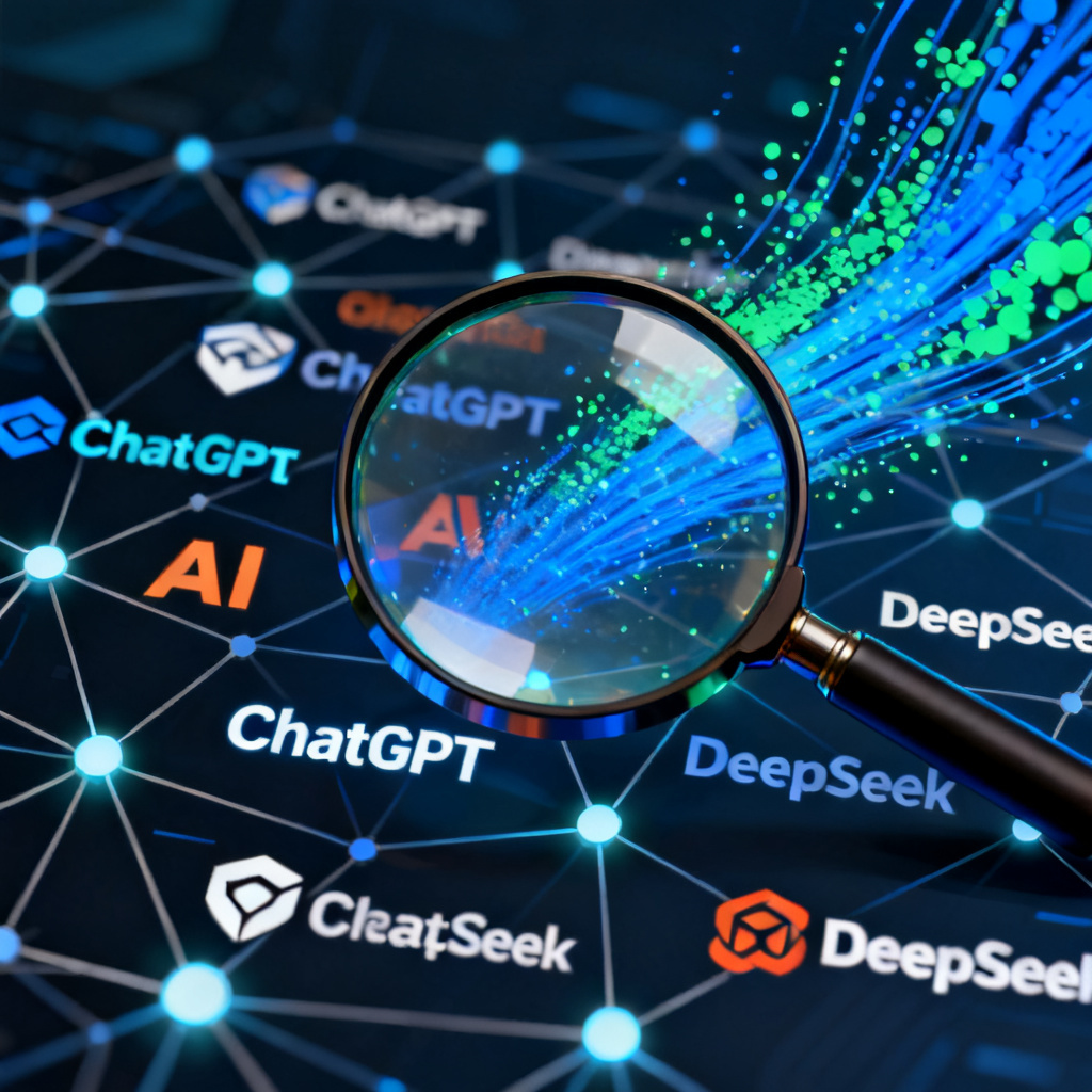 A magnifying glass hovering over a network of AI model logos (ChatGPT, DeepSeek, etc.), revealing hidden brand mentions, data stream visualization, 4k