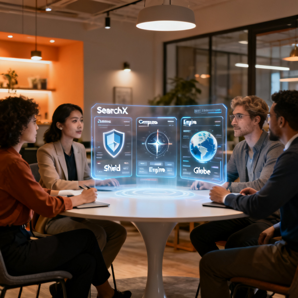 A diverse team of professionals (analyst, marketer, manager) sitting around a modern round table, each looking at a sleek holographic screen showing different SearchX module interfaces (Shield, Compass, Engine, Globe). Style: cozy office lighting, warm colors, diverse team, clean tech aesthetic.