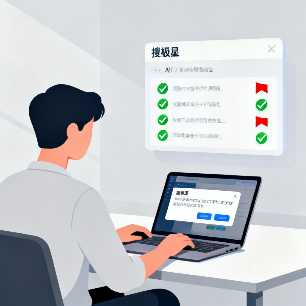 An illustration of a user sitting at a desk, using a laptop to paste AI-generated text into the 搜极星 interface. The interface shows verification results with green checkmarks and red flags. Minimalist, tech-style, with clean lines.