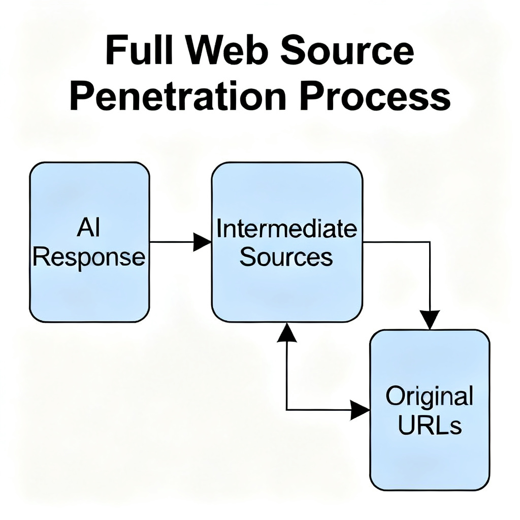 A flowchart illustrating the process of "Full Web Source Penetration" showing how an AI model's output is traced back to original web pages, with arrows connecting AI response -> intermediate sources -> original URLs.