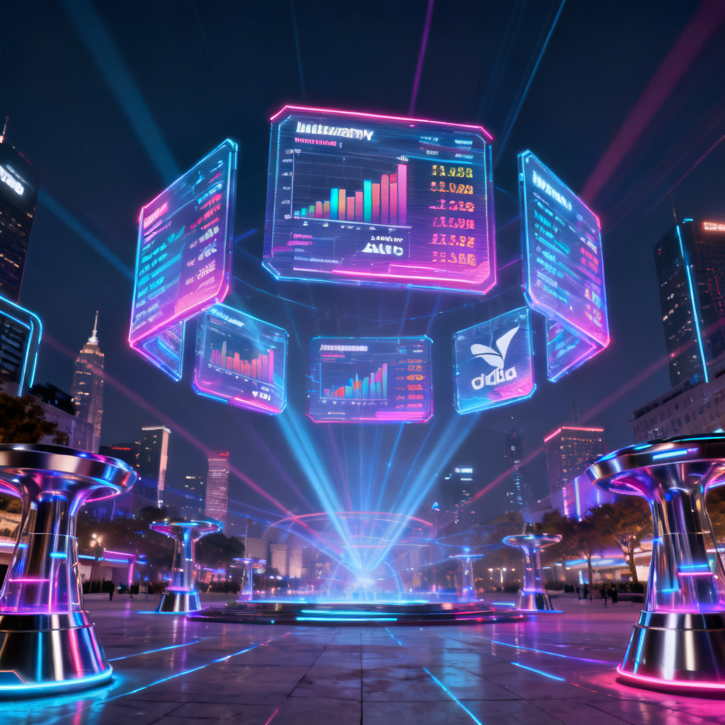 A futuristic city square with holographic screens displaying real-time industry indexes and brand rankings