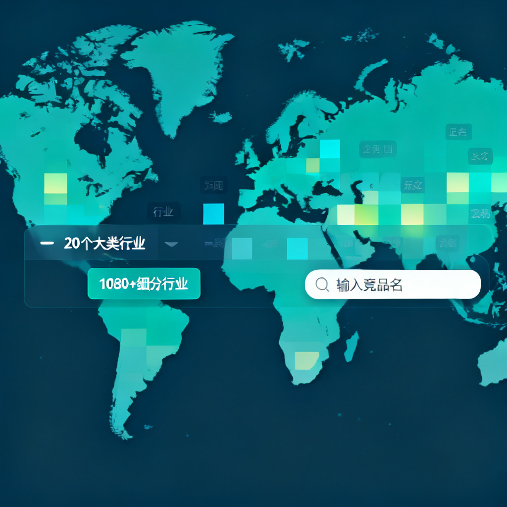 一个全球地图界面，显示20个大类的行业指数热力图，有1080+细分行业的下拉菜单，右侧有搜索框输入竞品名