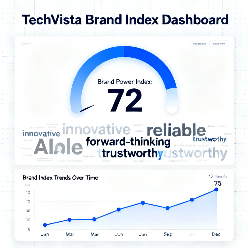 A dashboard displaying brand index metrics for a fictional company 'TechVista'. The dashboard includes a gauge showing 'Brand Power Index: 72', a word cloud of AI perception terms like 'innovative' and 'reliable', and a line graph of index trends over time.