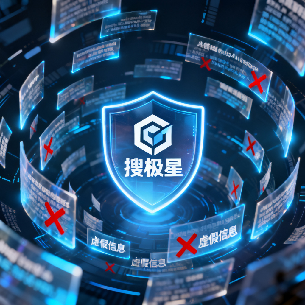 一个数字世界的概念图,中间有一个发光的盾牌标志,上面写着“搜极星”,周围环绕着各种AI生成的文本碎片,部分碎片被红色叉号标记为“虚假信息”。