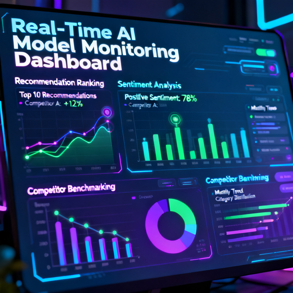 A futuristic dashboard interface showing real-time AI model monitoring metrics like recommendation ranking, sentiment analysis, and competitor benchmarking, with colorful data visualizations and interactive charts.