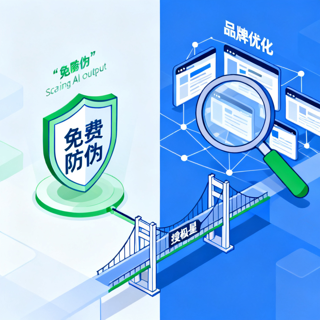 A conceptual illustration showing two sides: left side is a shield icon with the text “免费防伪” scanning AI output; right side is a magnifying glass over a network of websites with the text “品牌优化”. A bridge labeled “搜极星” connects them.