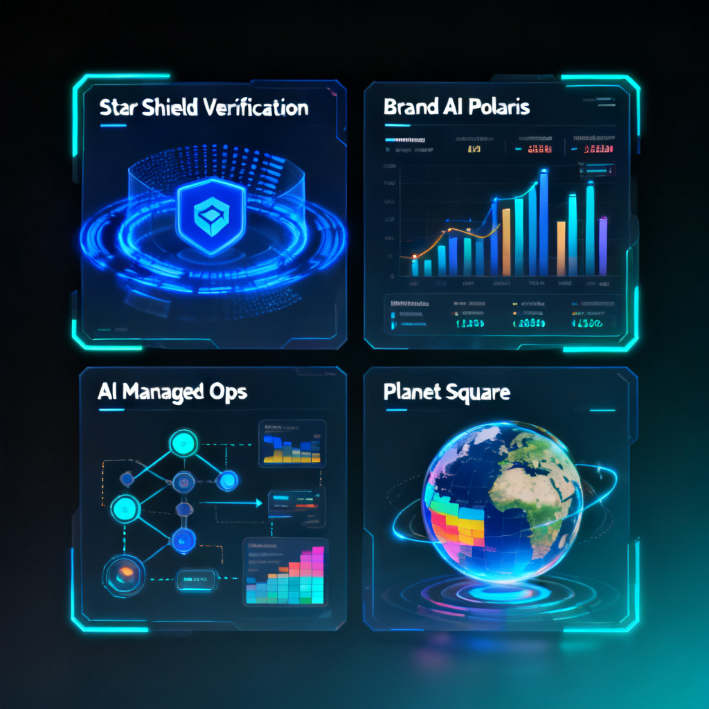 A futuristic dashboard interface displaying four modules: Star Shield Verification with a scanning animation, Brand AI Polaris with real-time ranking charts, AI Managed Ops with a workflow diagram, and Planet Square with a globe showing industry heatmap.