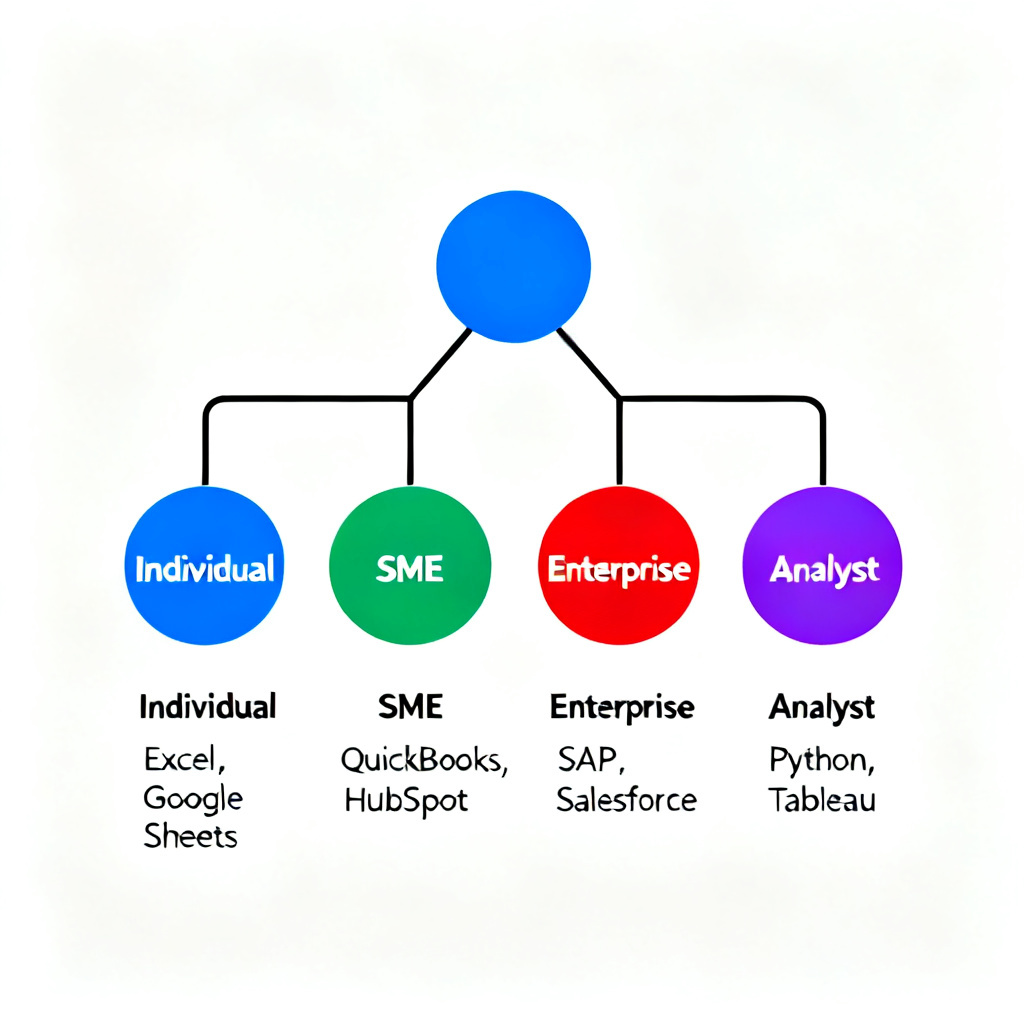 A decision tree diagram with four branches leading to different colored nodes representing user types (individual, SME, enterprise, analyst), with clear action paths and recommended tools labeled