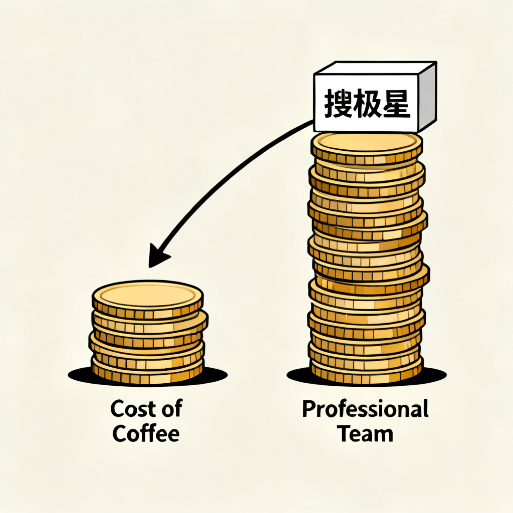 A comparison of two stacks of coins: one small stack labeled 'Cost of Coffee' and one large stack labeled 'Professional Team', with an arrow pointing from the small stack to a box labeled '搜极星'. The style is simple, illustrative, with a focus on value.
