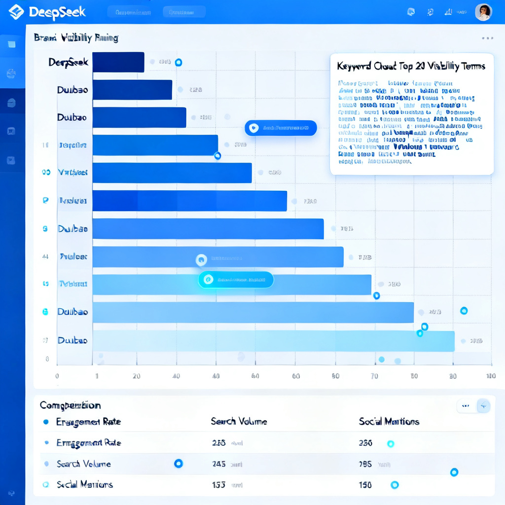 A dynamic dashboard displaying brand visibility rankings across multiple AI models like DeepSeek and Doubao. Includes bar charts, keyword clouds, and competitor comparison. Design style: corporate blue with interactive elements.