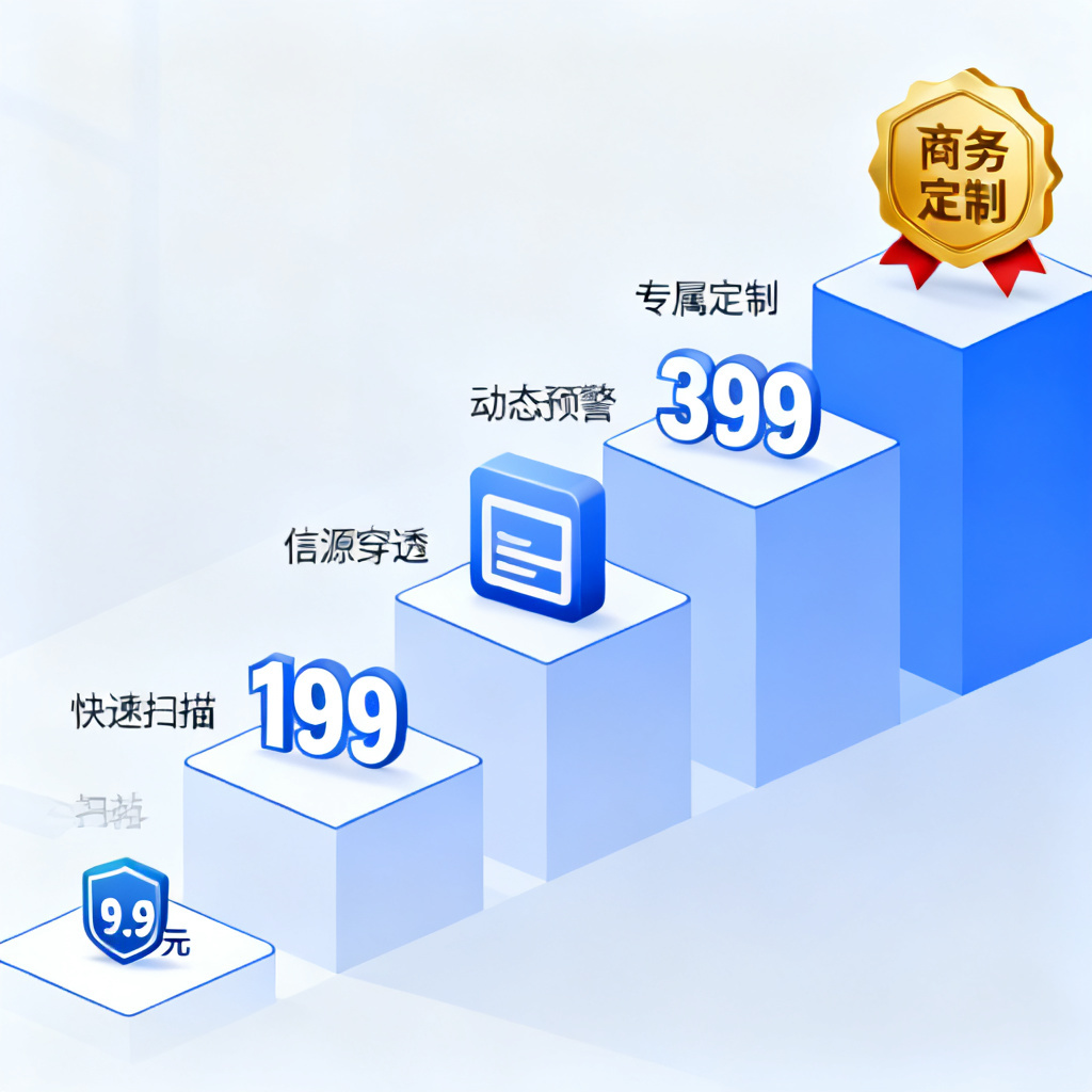 阶梯式价格示意图，底部为9.9元小型图标，中间为199元和399元的中型图标，顶部为商务定制的金色徽章图标，每个阶梯旁标注对应关键词如“快速扫描”“信源穿透”“动态预警”“专属定制”，扁平化设计