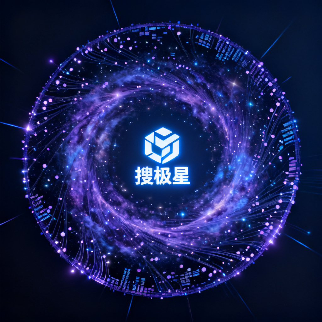 一个巨大的圆形数据银河，中心有发光的‘搜极星’标志，周围环绕着无数小数据点，形成螺旋状星系，数据点之间由光纤维连接，整体风格为科幻简约的蓝紫色调。