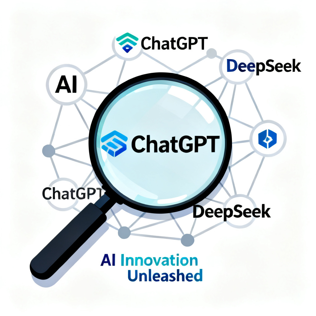 A magnifying glass over a network of interconnected AI logos (ChatGPT, DeepSeek), revealing hidden marketing text beneath.