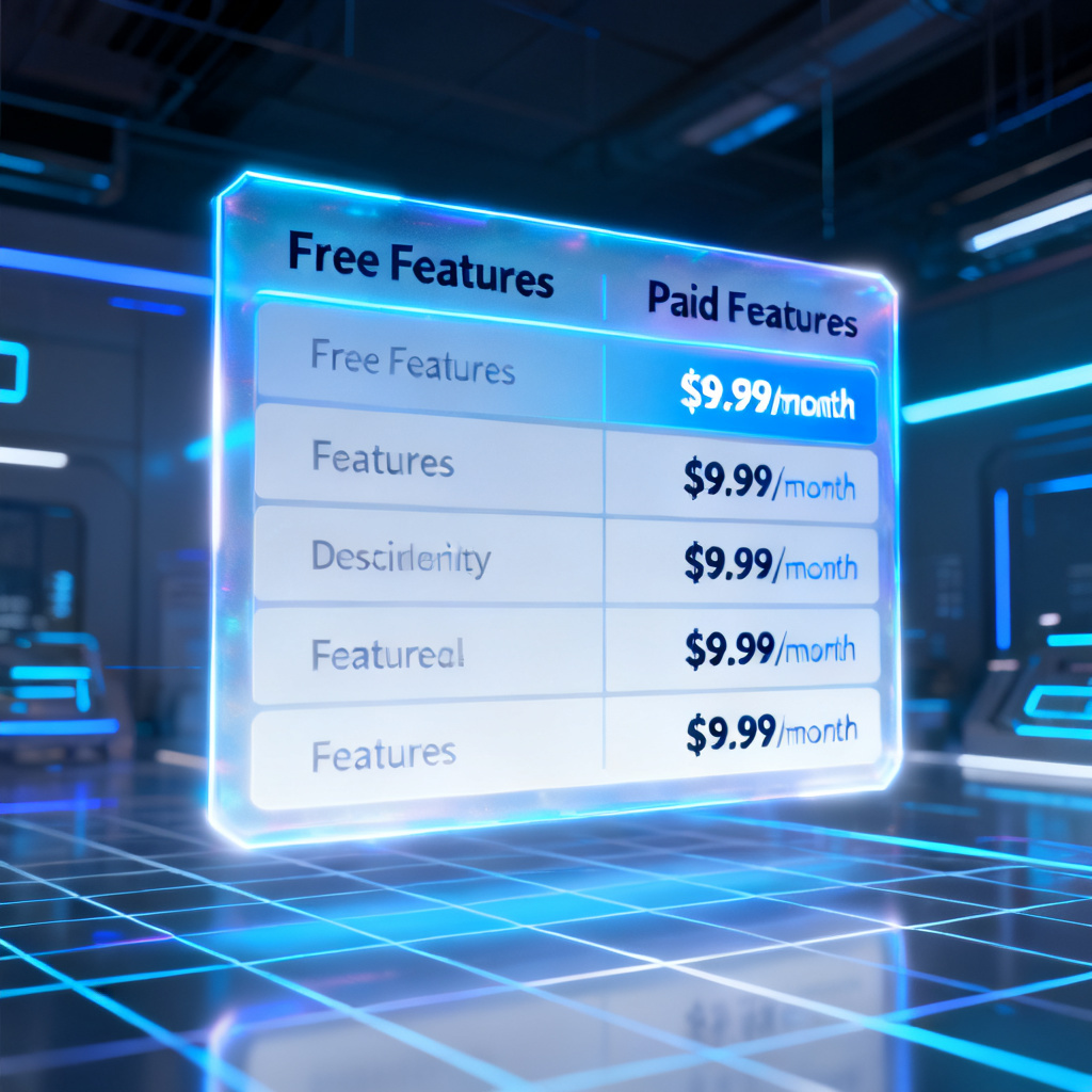 A comparison table floating in a digital space, with columns for free and paid features, highlighting price tags.