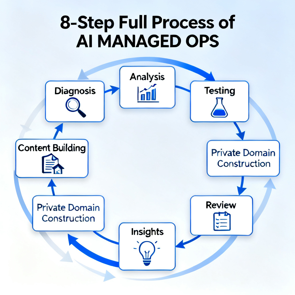 A step-by-step flowchart showing the "8-Step Full Process" of AI MANAGED OPS, with icons for "Diagnosis", "Analysis", "Testing", "Content Building", "Private Domain Construction", "Insights", and "Review", connected by arrows indicating a circular workflow.
