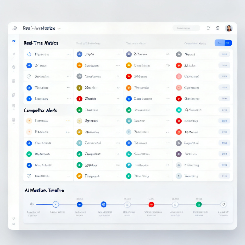 A dashboard visualization showing brand monitoring data with real-time metrics, competitor alerts, and a timeline of AI mentions. The interface displays 23 indicators in a clean, organized layout with color-coded status indicators. Professional business analytics style.