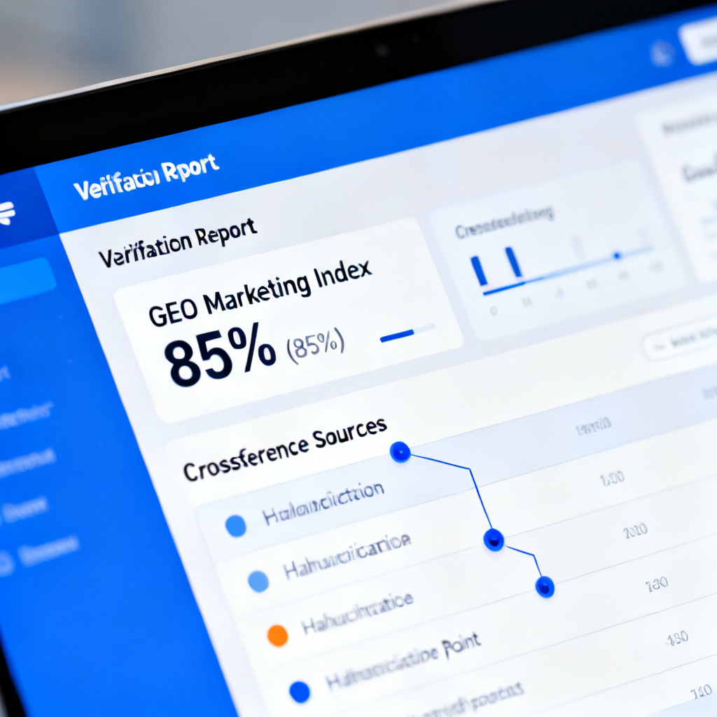 A close-up of a computer screen displaying a verification report: a dashboard with metrics like GEO Marketing Index (85%), cross-reference sources, and highlighted hallucination points. Professional, clean UI design, blue and white colors.