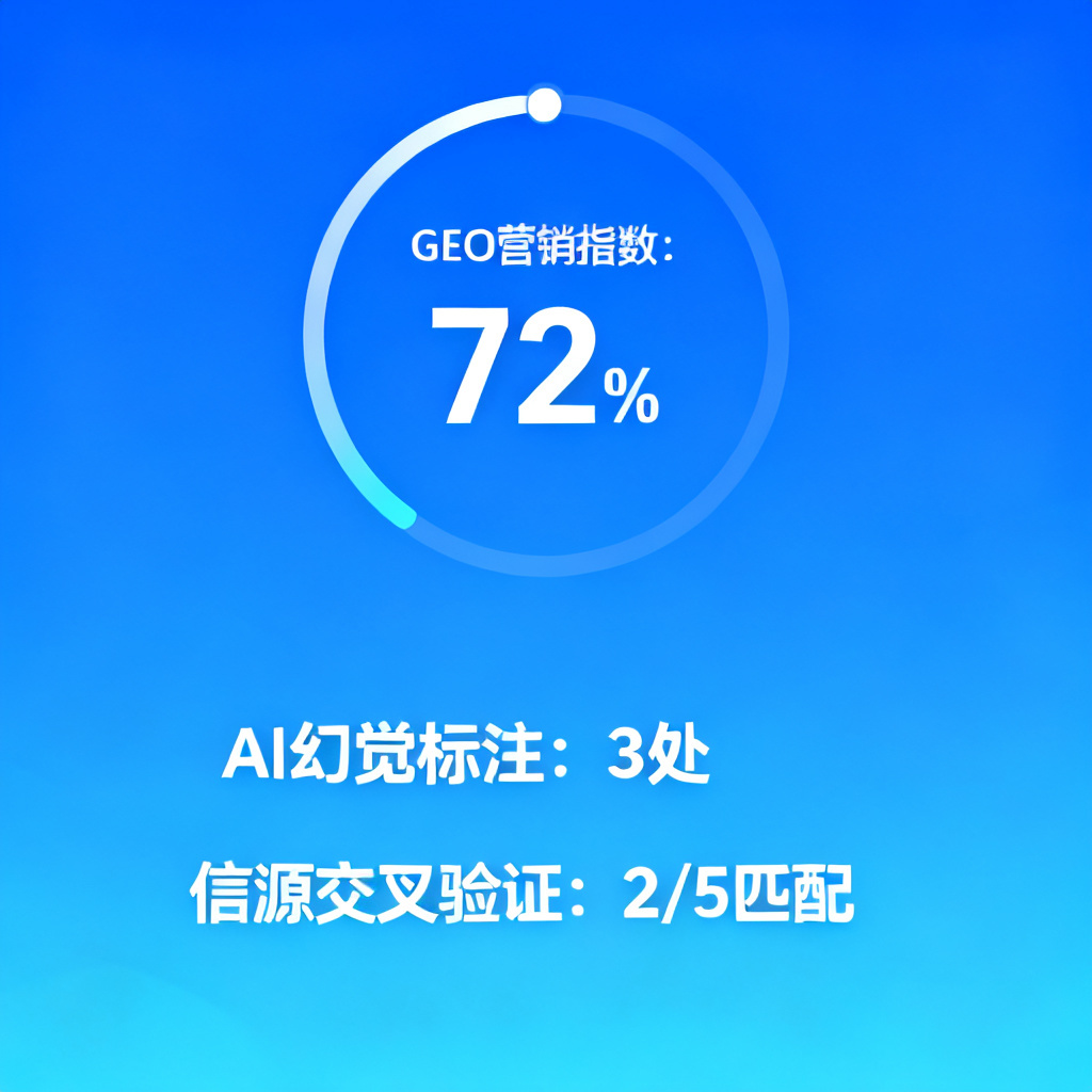 一张星盾验真报告界面的概念图，显示“GEO营销指数：72%”的圆形进度条，下方列出“AI幻觉标注：3处”和“信源交叉验证：2/5匹配”，整体界面清晰简洁，带有蓝色渐变背景