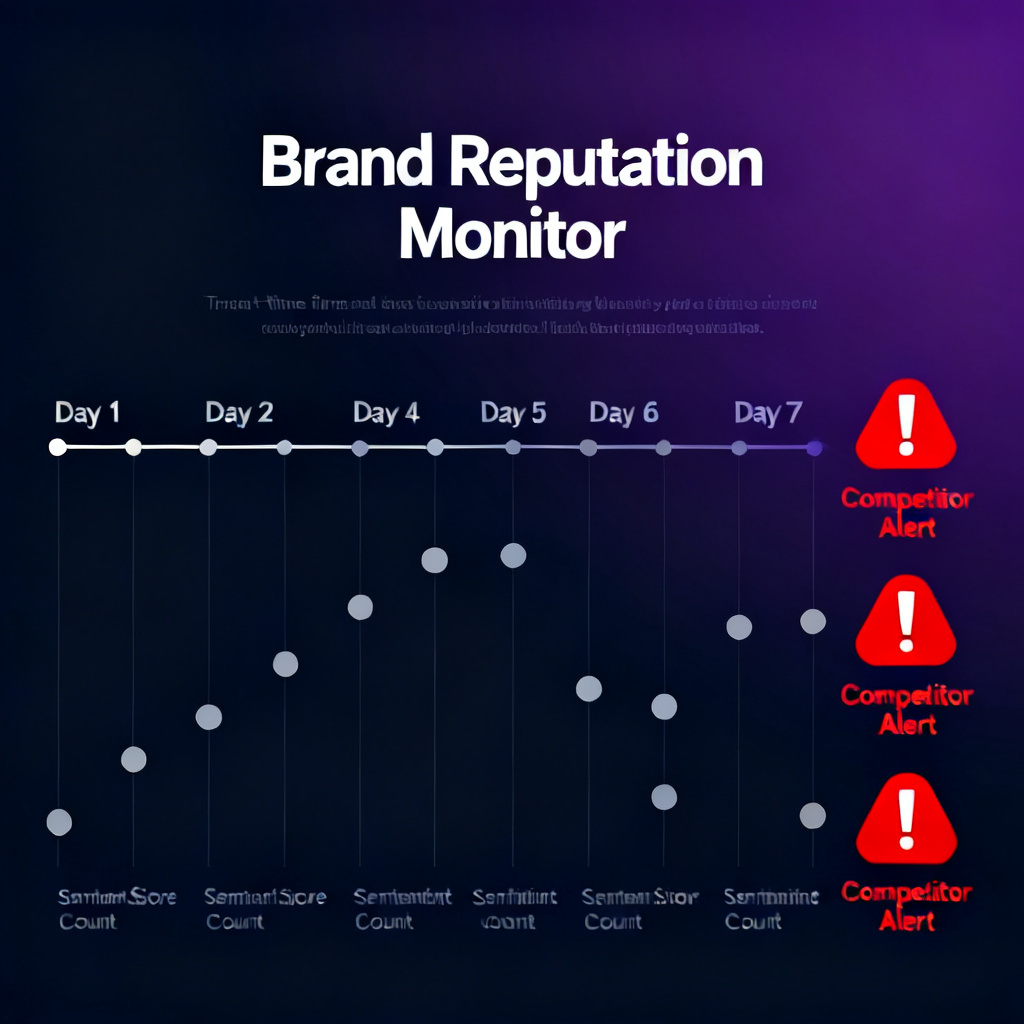 A 7-day real-time monitoring dashboard for brand reputation, with alert icons for competitor dynamics, in a dark mode UI.