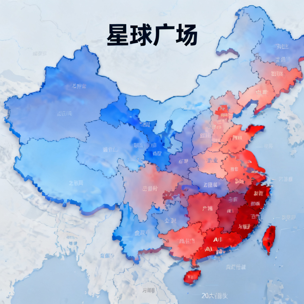 一张宏观数据地图，标注“星球广场”，显示20大行业分类和实时AI指数热力图，色彩从蓝色到红色渐变。