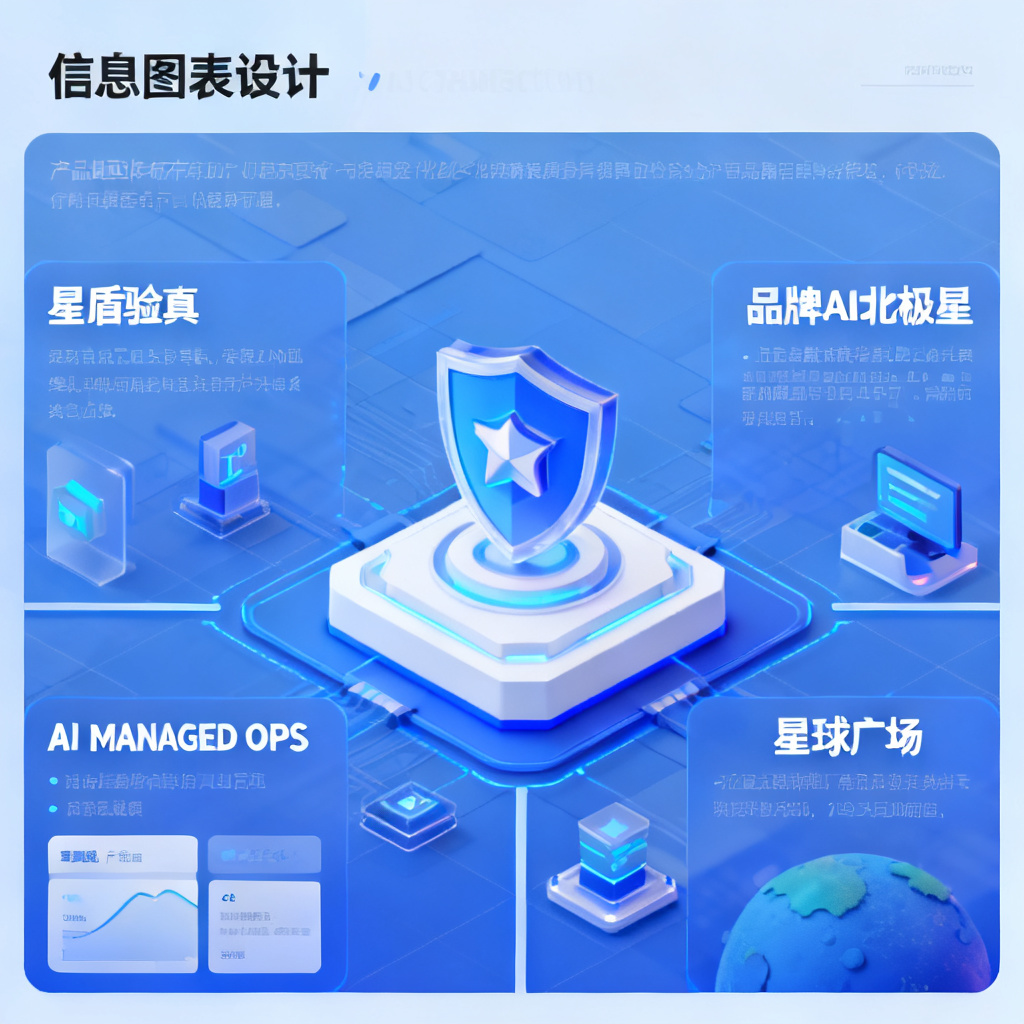 搜极星产品矩阵图，中心为一大基座，四周环绕三大应用：星盾验真、品牌AI北极星、AI MANAGED OPS、星球广场