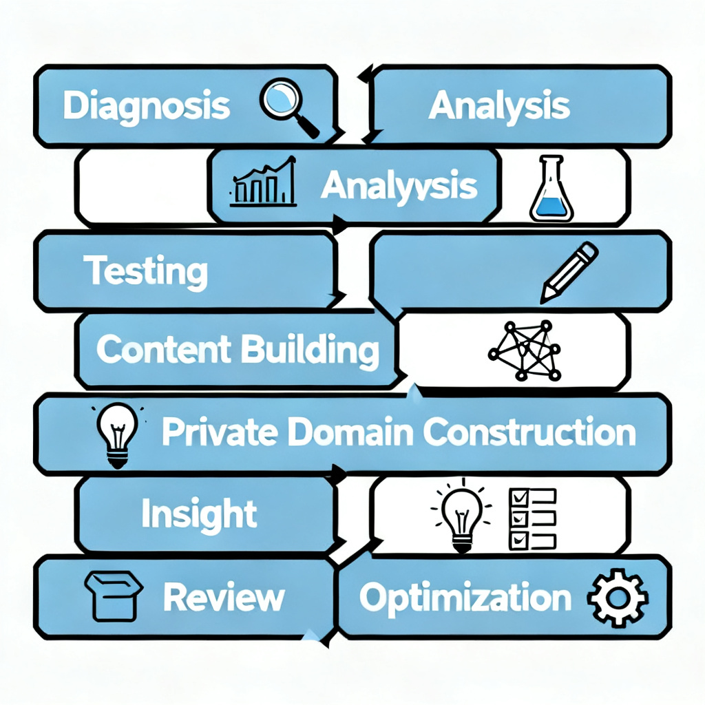Flowchart of AI MANAGED OPS 8-step process: diagnosis, analysis, testing, content building, private domain construction, insight, review, with professional icons
