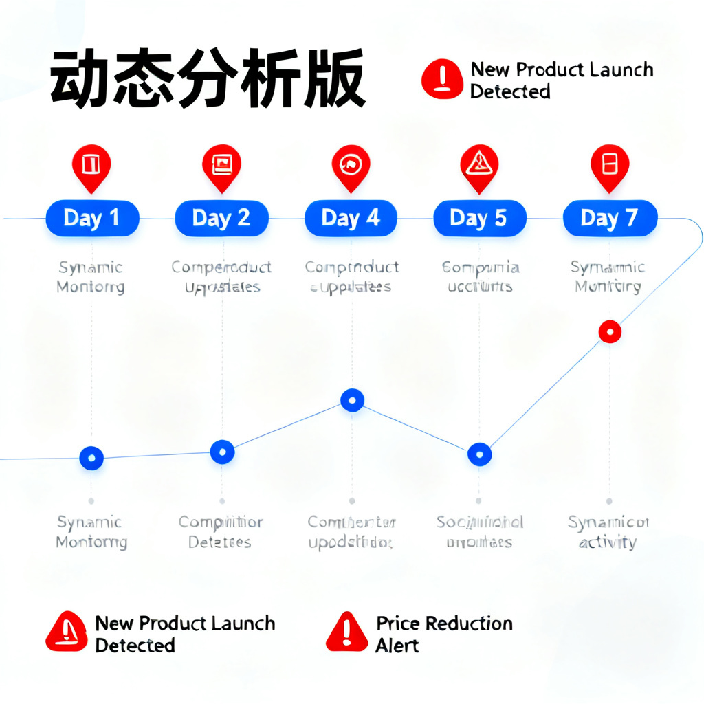 A timeline showing 7 days of dynamic monitoring with warning alerts for competitor activities, labeled "动态分析版"