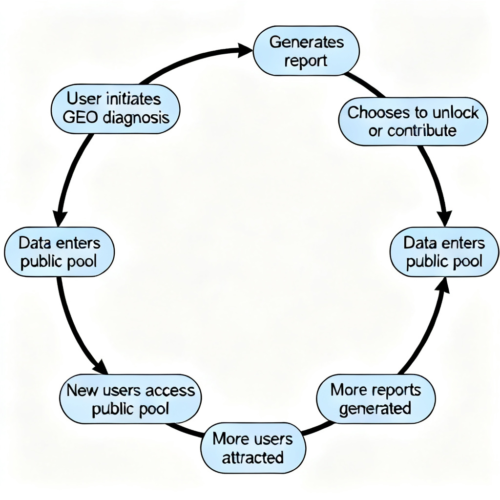 A flowchart showing the "data flywheel" mechanism: user initiates GEO diagnosis → generates report → chooses to unlock or contribute → data enters public pool → new users access public pool → more users attracted → more reports generated, with arrows forming a circular loop