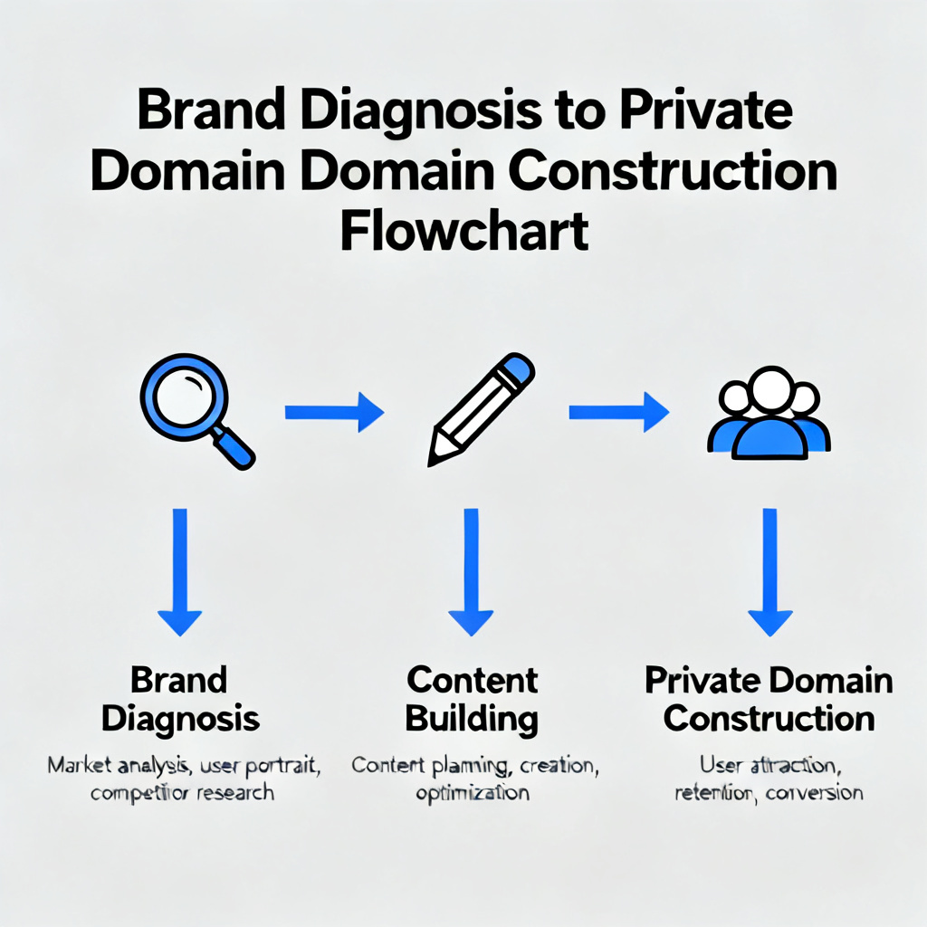 A flowchart showing steps from brand diagnosis to content building and private domain construction, with arrows and icons for each phase.