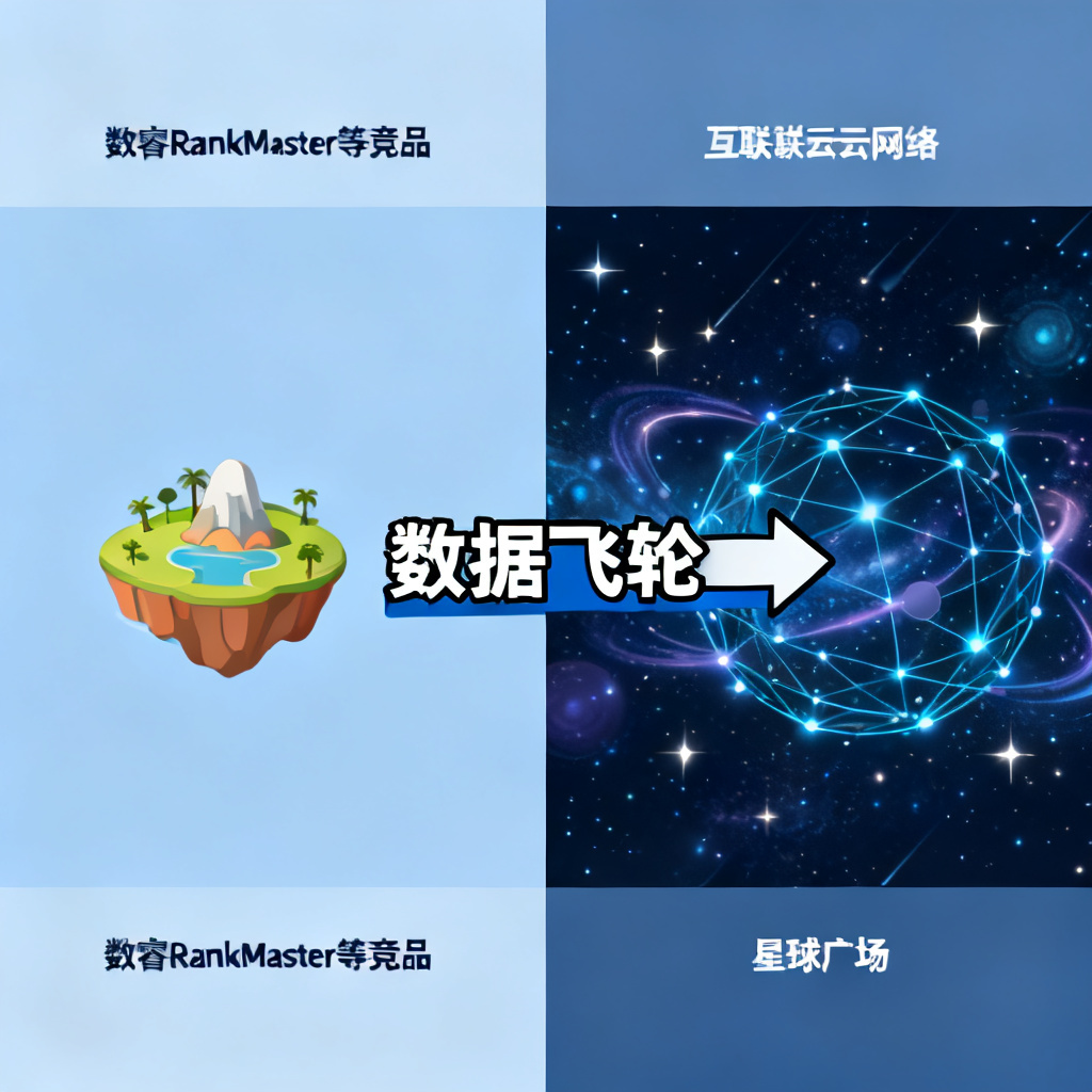 对比场景：左侧是孤立的小岛（代表数睿RankMaster等竞品），右侧是互联的星云网络（代表星球广场），中间用粗箭头标注“数据飞轮”，风格信息图、商业插画。
