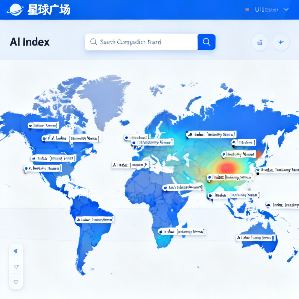 星球广场 interface showing a world map of AI Index for various industries, with search bar for competitor brand, data points and heatmap