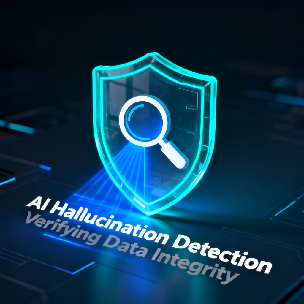 A futuristic digital shield with a magnifying glass scanning text, representing AI hallucination detection.