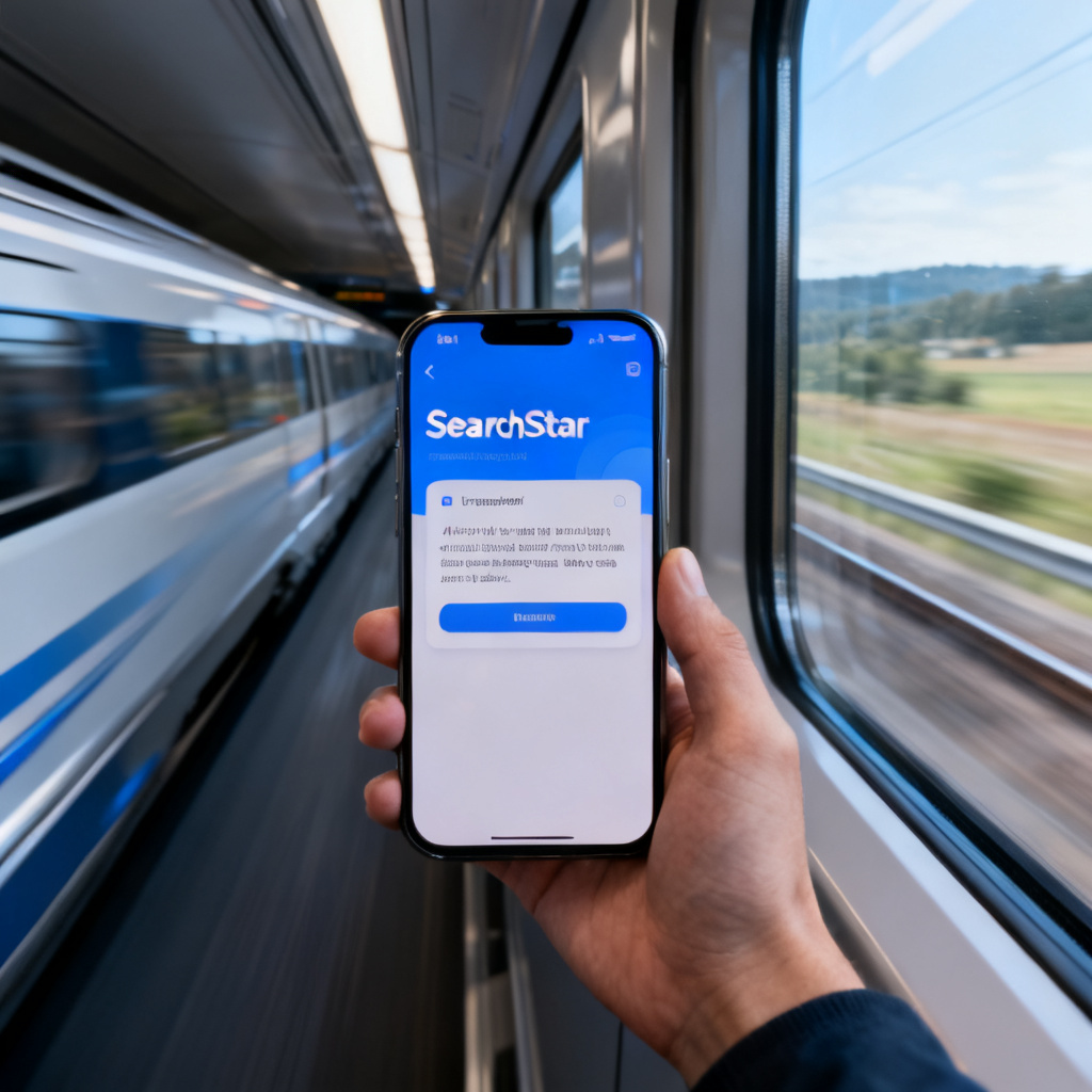 A person using a smartphone on a high-speed train, with the screen showing the 'SearchStar' app interface, verifying AI-generated text. The background is blurred with passing landscape, emphasizing mobility and urgency.