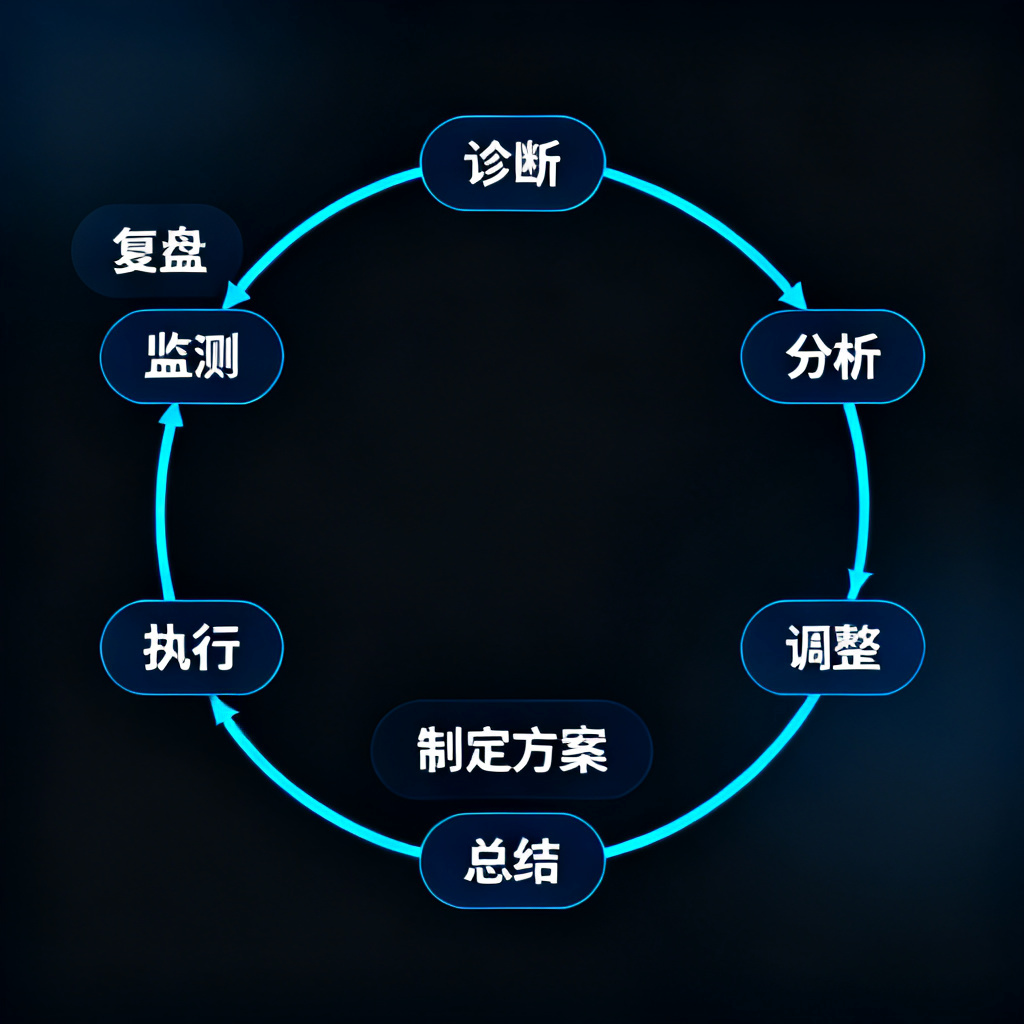 8步闭环流程图，从诊断到复盘，线条连接，现代化样式，深色背景