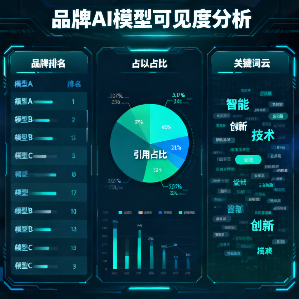 动态仪表盘界面,显示品牌在多个AI模型中的可见度排名、引用占比和关键词云