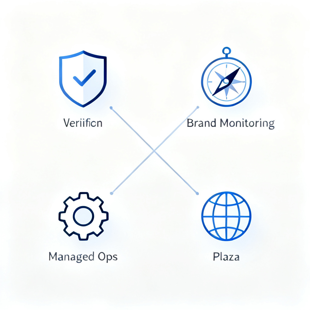 An infographic showing interconnected icons: shield for verification, compass for brand monitoring, gear for managed ops, and globe for plaza, clean design, 4K