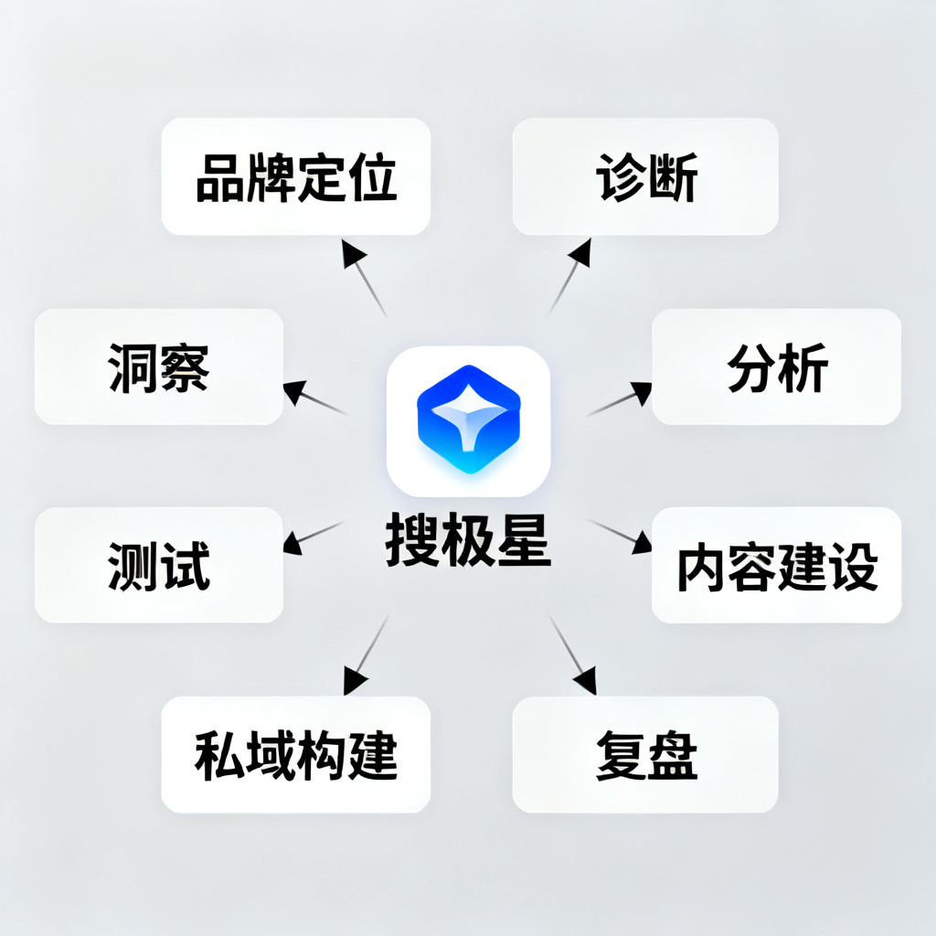 一张流程图展示AI MANAGED OPS的8步流程：品牌定位→诊断→分析→测试→内容建设→私域构建→洞察→复盘，中心图标为搜极星
