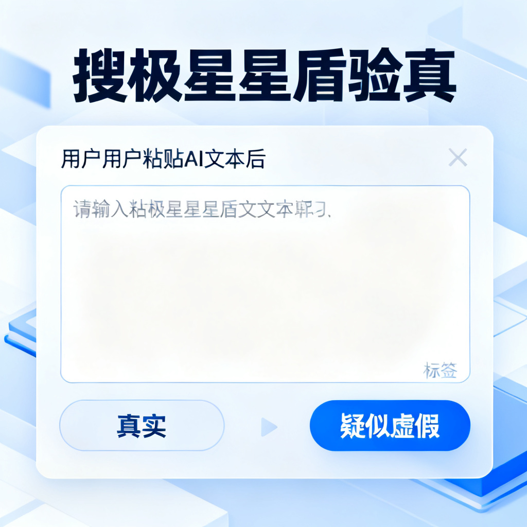 搜极星星盾验真界面，用户粘贴AI文本，系统显示‘真实’或‘疑似虚假’标签