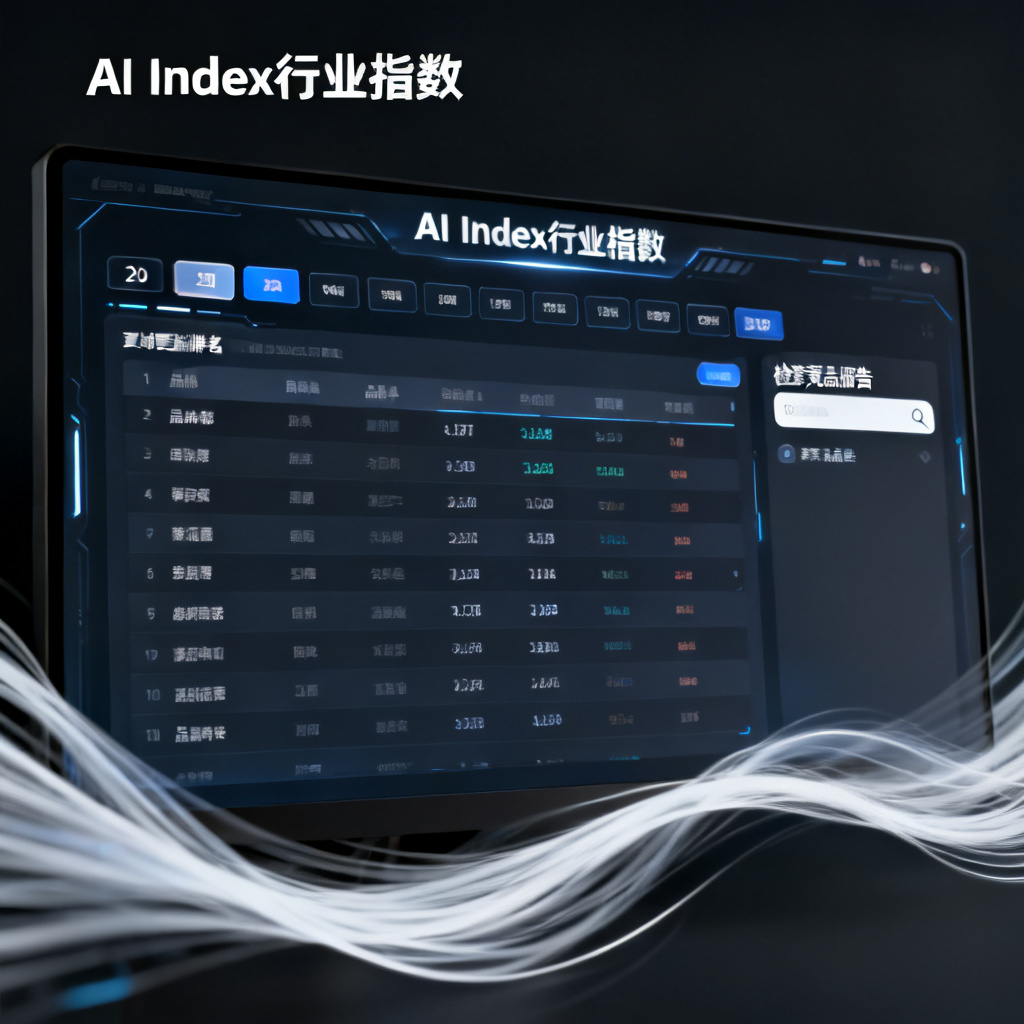 科技感数据大屏显示AI Index行业指数，包含20个大类分类导航、实时更新的品牌排名列表，以及交互式搜索框用于检索竞品报告，暗色调背景白色数据流