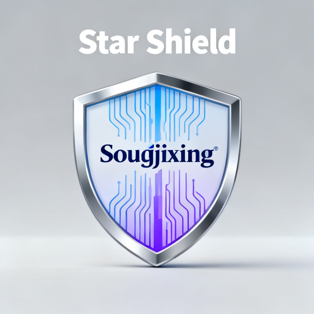 A conceptual illustration of a shield (representing 'Star Shield') protecting a user from fake AI information, with data streams flowing into a central 'Soujixing' logo, in a tech-style flat design.