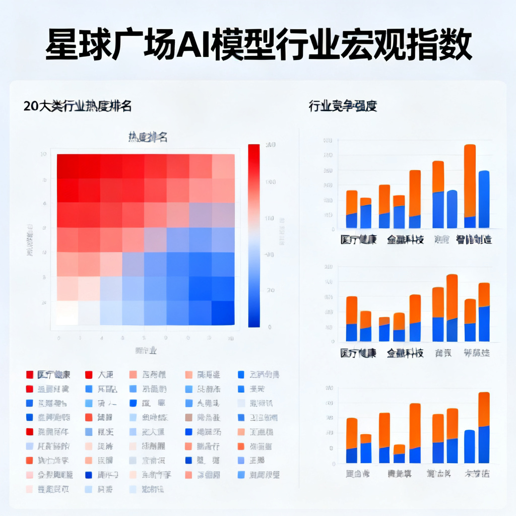 星球广场宏观指数看板，展示20个大类行业在AI模型中的热度排名和竞争强度，数据以热力图和柱状图形式呈现