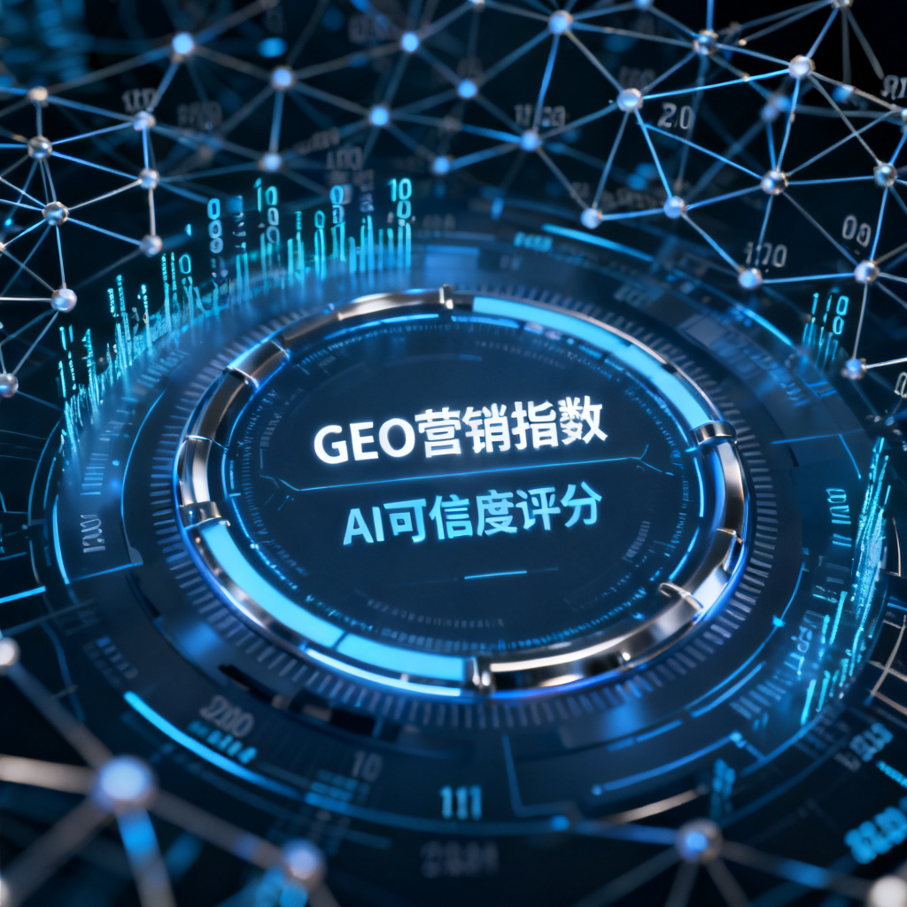一张未来科技感的数据仪表盘，中央显示“GEO营销指数”和“AI可信度评分”，背景是神经网络节点图，数字流环绕。