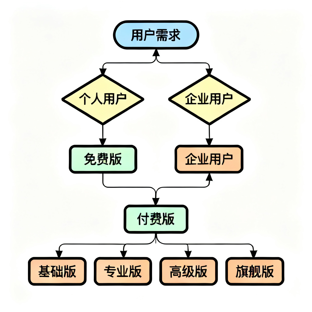 一个流程图，从“用户需求”开始，分支到“个人用户”和“企业用户”，再分别指向“免费版”和“付费版”，付费版再细分为四个版本。