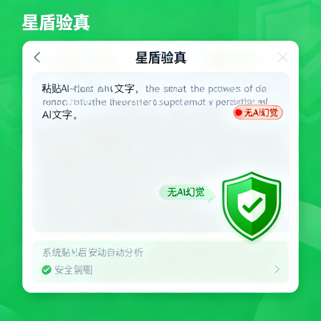 星盾验真界面，用户粘贴AI文本，系统自动分析并显示“无AI幻觉”标记，简洁UI，绿色安全图标