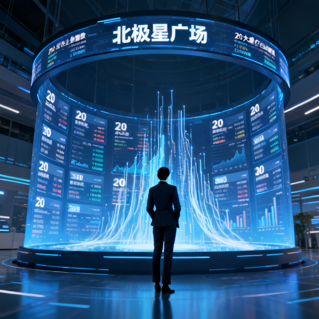 一个分析师模样的角色站在一个巨大的环形屏幕前，屏幕上显示20个大类行业指数和实时数据流，标题为“北极星广场”。